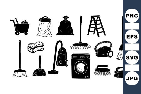 Black Silhouette Cleaning Tools Graphics for Crafts