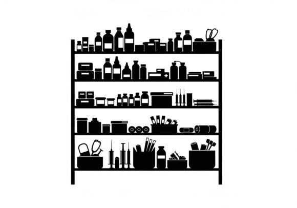 Black Silhouette of Shelf Filled Beauty Graphics for Illustrations