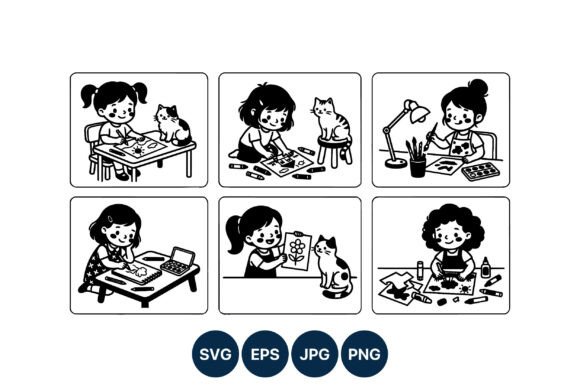Children Drawing and Painting with Cats: Graphics for Editorial