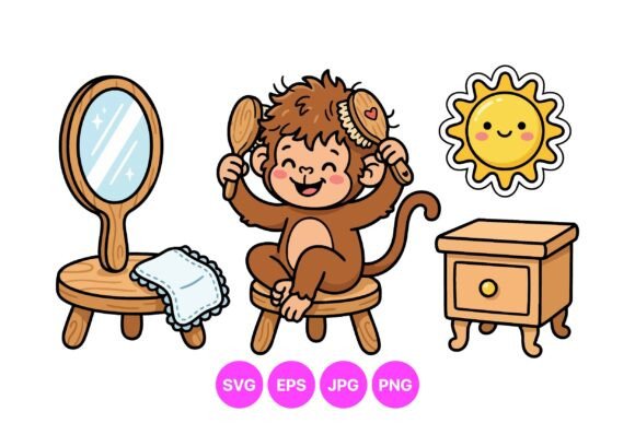 Cute Monkey Morning Routine Clipart for Graphics and Illustrations