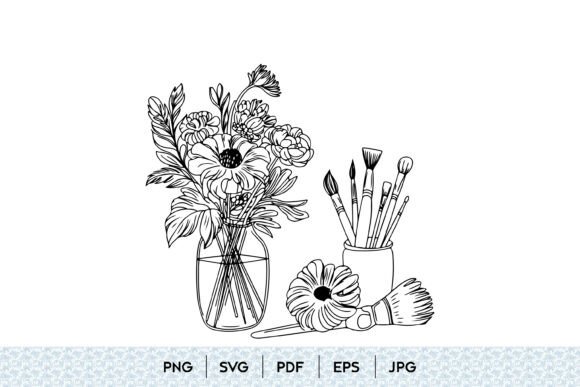 Floral Vase Art Tools Line Art for Graphics and Illustrations