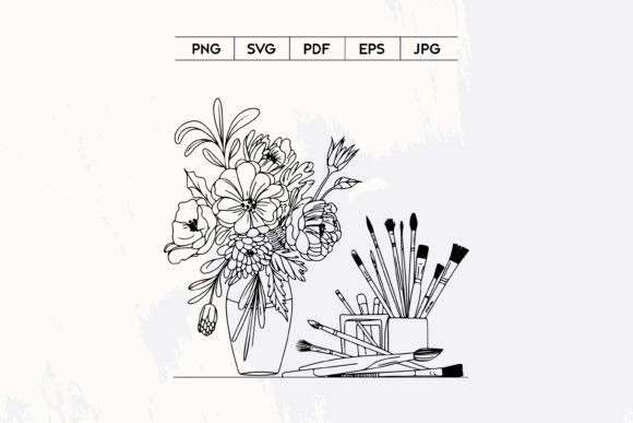 Floral Vase Paint Brushes Line Art for Branding and Packaging