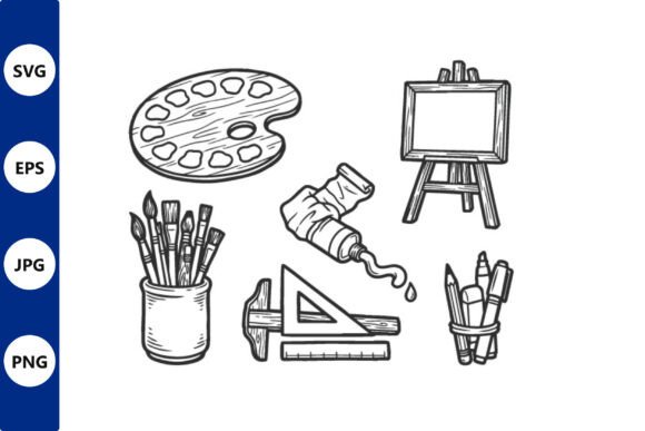 Line Art Set of Art Supplies for Graphic Design