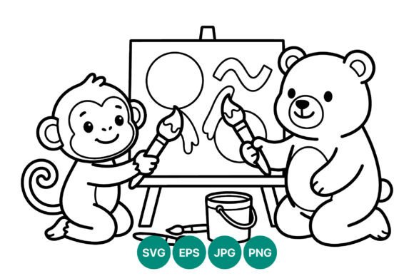 Monkey and Bear Painting Line Art Graphics for Illustrations