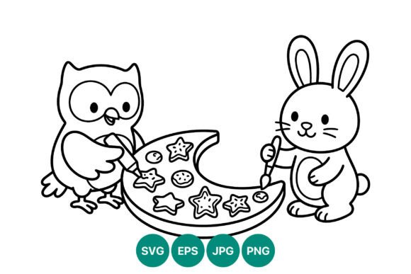 Owl and Rabbit Painting Moon Vector Graphics for Illustrations