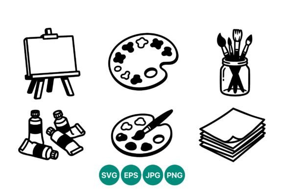 Painting Supplies Black and White Line Graphics for Illustrations
